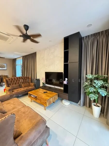 Living features: 3-seater fabric sofa in brown, 2-seater fabric sofa in brown, wooden coffee table, wall-mounted TV, TV console, ceiling fan, curtains, decorative plant in ceramic pot, light-colored tiled flooring, accent wall with stone texture, recessed lighting; style: modern.
