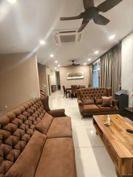 Living features: 3-seater brown tufted fabric sofa, 2-seater brown tufted fabric sofa, wooden coffee table, recessed LED downlights, ceiling fan, wall-mounted air conditioning unit, large window with sheer curtains, decorative wall art, tile flooring, neutral painted walls, dining area visible in background, wooden dining table with chairs; style: modern.