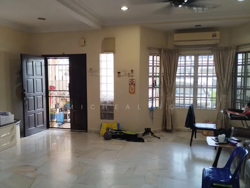 Living features: marble flooring, cream painted walls, tray ceiling, 5-blade ceiling fan, floor-to-ceiling windows, sheer curtains, wooden front door, double-hung windows, decorative wall clock, open space layout, area rug, dining table, plastic chair, exercise equipment; style: modern.