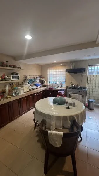 Kitchen features: wood cabinetry, white tiled walls, cream tiled flooring, round dining table with white tablecloth, 4 wooden chairs, stainless-steel sink, built-in oven, freestanding gas stove, microwave, kitchen utensils on shelves, window with sheer curtains, exhaust hood, open shelving, refrigerator, countertop appliances; style: traditional.