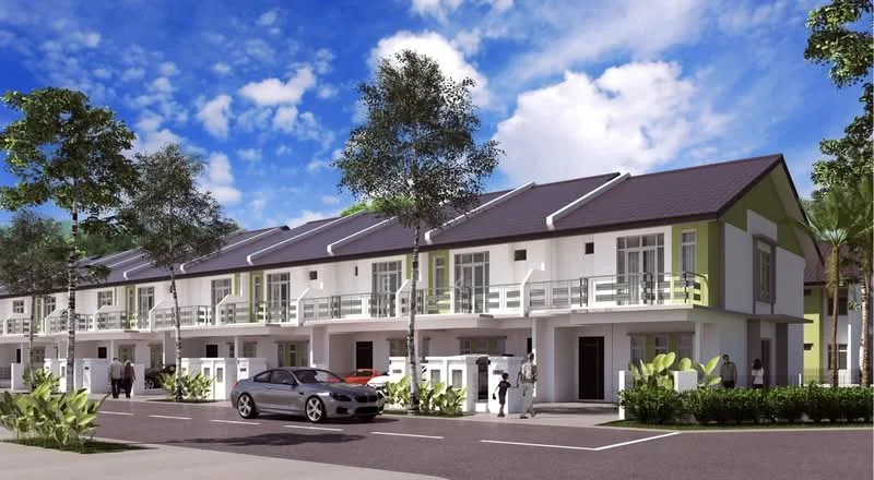 Exterior type: linked terrace house; features: white painted facade, green accent on facade, pitched tile roof, two-storey structure, manicured landscaping, paved driveway, front porch, multiple windows, balconies on upper level, surrounded by trees, clear blue sky, urban setting; style: modern.