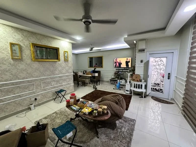 Living features: white painted walls with decorative moulding, recessed ceiling with LED lighting, 5-blade ceiling fan with light, large flat-screen TV mounted on wall, wooden coffee table, area rug, sofa, decorative wall art, sliding glass door, window with sheer curtains, tile flooring; style: modern.