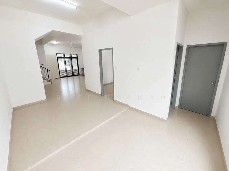 Room features: white painted walls, tile flooring, ceiling lights, doorway to adjacent rooms, large windows, neutral color scheme, open layout, staircase visible in background; style: modern.