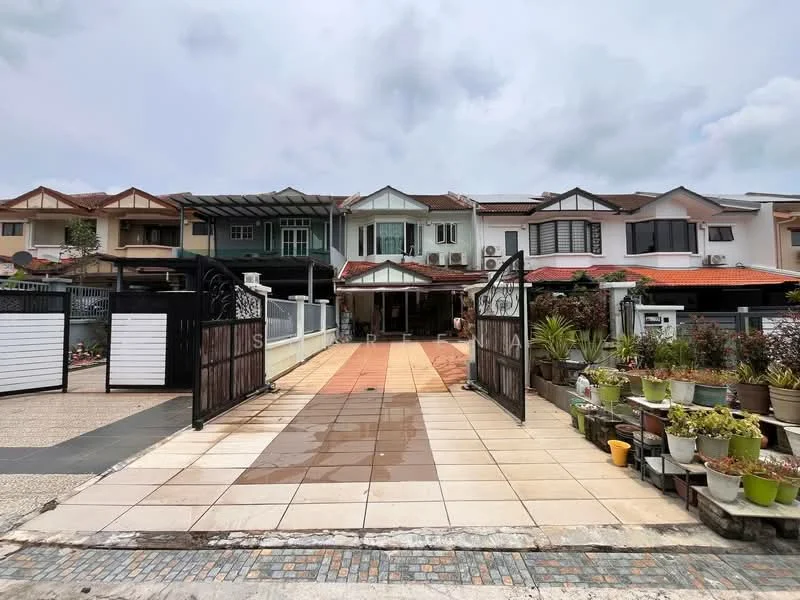 Exterior type: linked terrace house; features: gated entrance, paved driveway, manicured garden beds, multiple storeys, covered porch, front balconies, visible air conditioning units, decorative stone pathway, tiled flooring at entrance, outdoor planters with plants; style: modern.