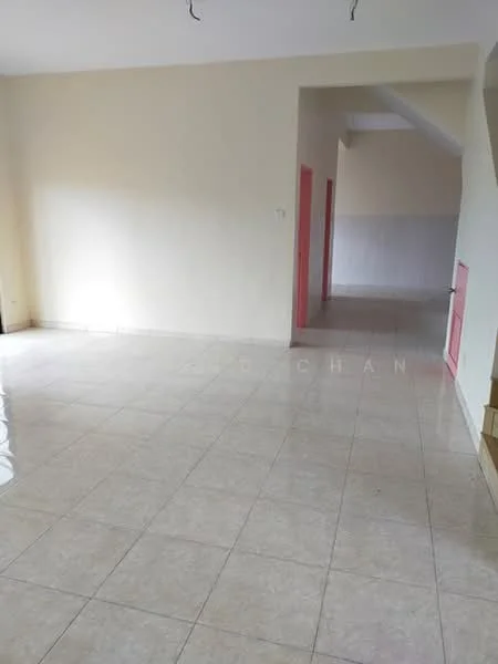 Room features: cream painted walls, white tiled flooring, high ceiling, open layout, natural light from windows, no visible furniture, neutral color scheme, doorway leading to another room.