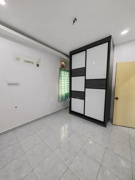 Room features: white painted walls, grey tiled flooring, built-in wardrobe with black and white panels, window with sheer green curtains, ceiling light fixture, air conditioning unit on wall; style: modern.