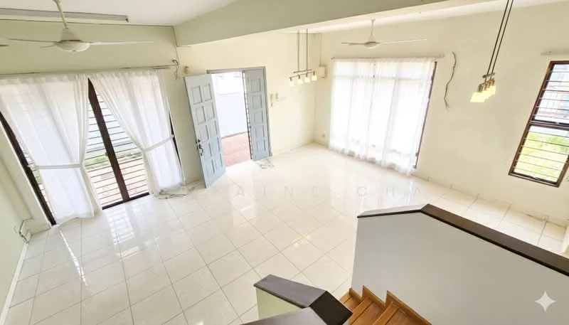 Living features: white painted walls, glossy tile flooring, 5-blade ceiling fan, recessed downlights, floor-to-ceiling windows, sliding glass door, sheer curtains, wooden staircase, open layout, natural light from windows, door leading to outdoor area; style: modern; view: garden.