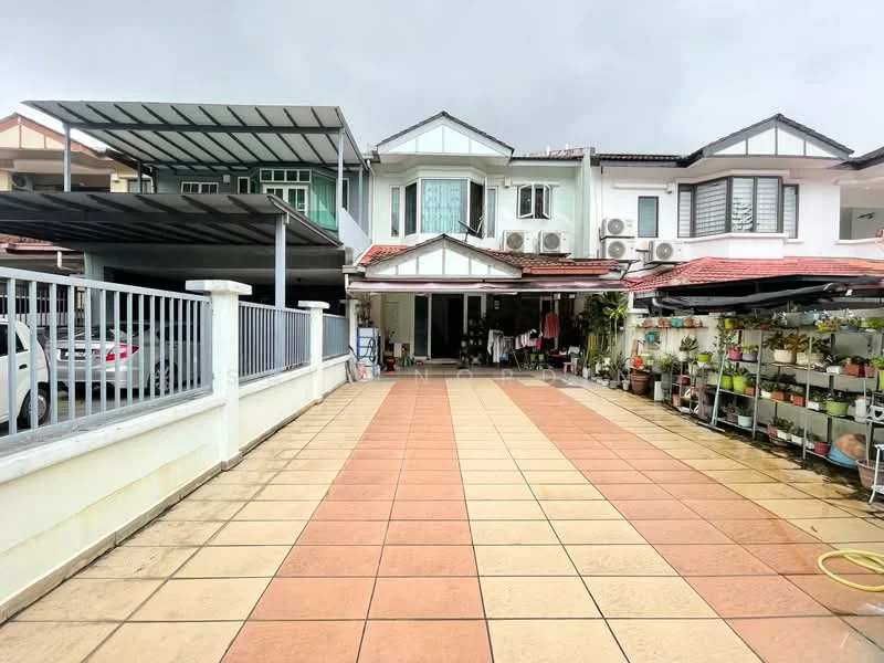 Exterior type: linked terrace house; features: paved driveway, covered car porch, multiple air conditioning units visible, garden area with potted plants, two-storey structure, gabled roof, white painted facade, balcony on upper floor, fenced front yard; style: modern.