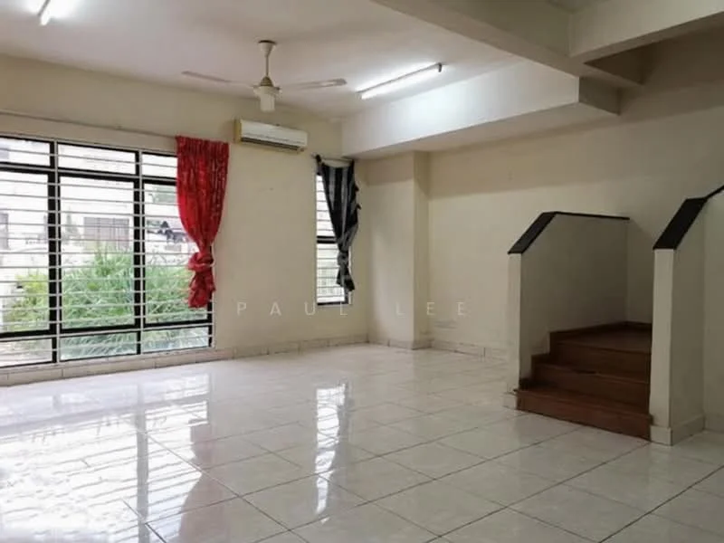 Living features: white painted walls, ceramic tile flooring, 5-blade ceiling fan, 1 wall-mounted split AC, large windows with black metal grilles, red curtains, sheer curtains, staircase leading to upper level, natural light from windows, open layout; view: garden.