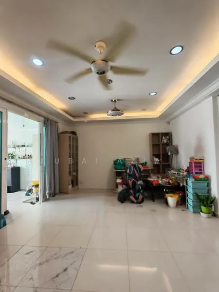 Living features: white painted walls, marble tile flooring, 5-blade ceiling fan with light, recessed downlights, large windows with sheer curtains, built-in shelving unit, decorative ceiling moulding, area rug, various storage bins and plants; style: modern.