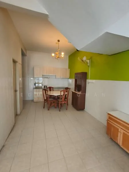 Kitchen features: green accent wall, white painted walls, tile flooring, dining table with four chairs, wooden cabinetry, built-in kitchen counter, stainless-steel sink, exhaust fan, chandelier light fixture; style: modern.