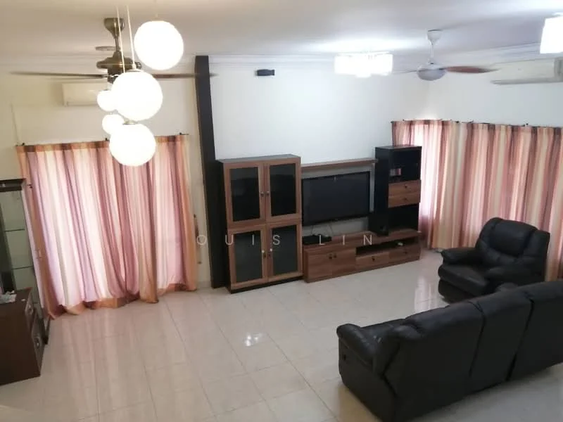 Living features: 3-seater leather sofa, 2-seater leather sofa, coffee table, TV console, wall-mounted TV, ceiling fan with light, recessed downlights, cream painted walls, tile flooring, curtains with pink and cream stripes, built-in shelving unit, decorative wall unit; style: modern.