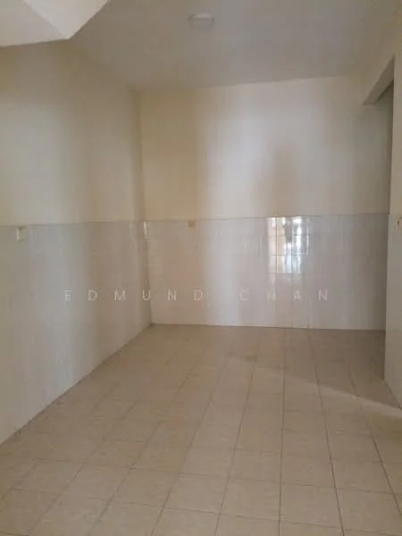Room features: cream painted walls, white tiled wall cladding, beige floor tiles, ceiling with recessed lighting, no visible appliances or furniture.
