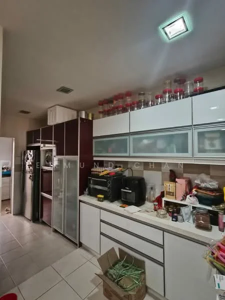 Kitchen features: white cabinetry with glass fronts, stainless-steel fridge, built-in oven, countertop with storage underneath, ceramic tile flooring, recessed ceiling lights, kitchen appliances including coffee machine and microwave, open shelving with jars, box of kitchen items on floor, wall-mounted cabinets, sink with faucet; style: modern.
