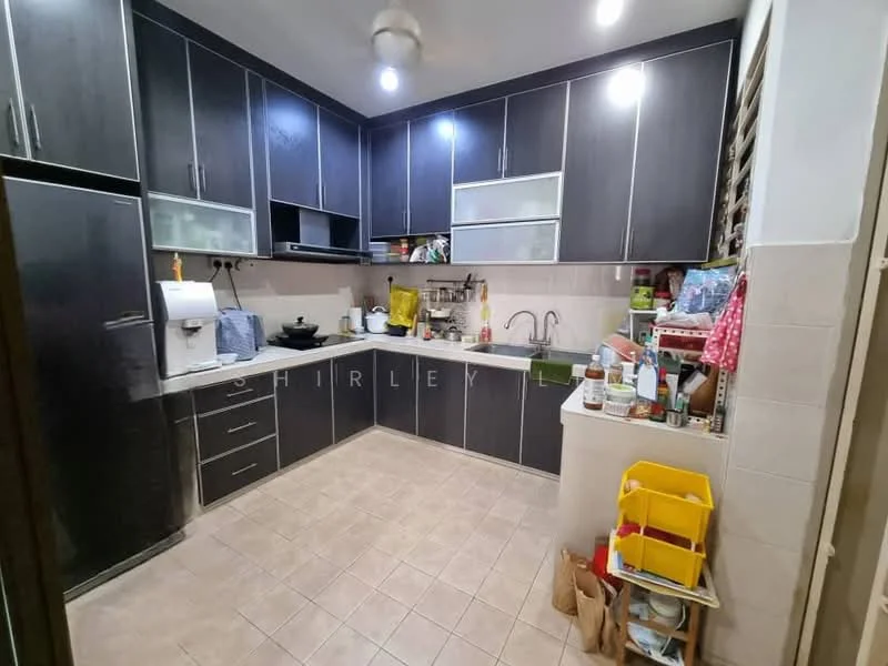 Kitchen features: dark wood cabinetry, white countertop, single-bowl stainless-steel sink, chrome pull-down faucet, built-in oven, freestanding range oven, refrigerator, microwave, tile backsplash, wall-mounted shelves, ceiling fan, ceramic tile flooring, multiple visible appliances, open shelving, storage containers; style: modern.
