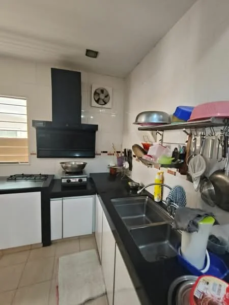 Kitchen features: black countertop, white cabinetry, stainless-steel double-bowl sink, chrome pull-out faucet, built-in gas stove, exhaust hood, wall-mounted fan, ceramic tile flooring, kitchen utensils on wall-mounted rack, window for natural light; style: modern.