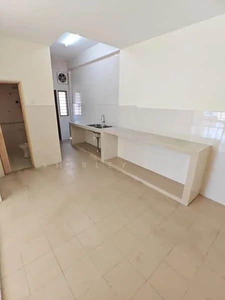 Kitchen features: white tiled walls, light beige tiled flooring, single-bowl stainless-steel sink, chrome pull-down faucet, white countertop, kitchen cabinetry, wall-mounted split AC, open layout; style: modern.
