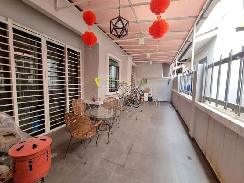 Room features: outdoor patio, grey tiled flooring, metal railing, sliding windows, ceiling fans, hanging lanterns, round dining table, four wicker chairs, red decorative lanterns, clothes drying rack, storage area, open space; style: modern.