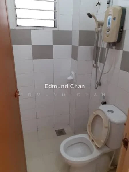 Bathroom features: white tiled walls with grey accent tiles, ceramic tile flooring, one-piece toilet, shower with handheld showerhead, water heater unit, window for ventilation.