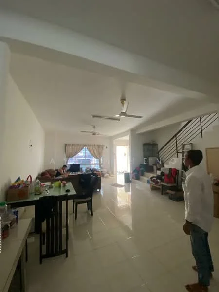 Living features: white painted walls, polished ceramic tile flooring, 5-blade ceiling fan with light, large windows with sheer curtains, sofa seating area, coffee table, dining table with chairs, open layout, staircase in background, decorative wall art; style: modern.