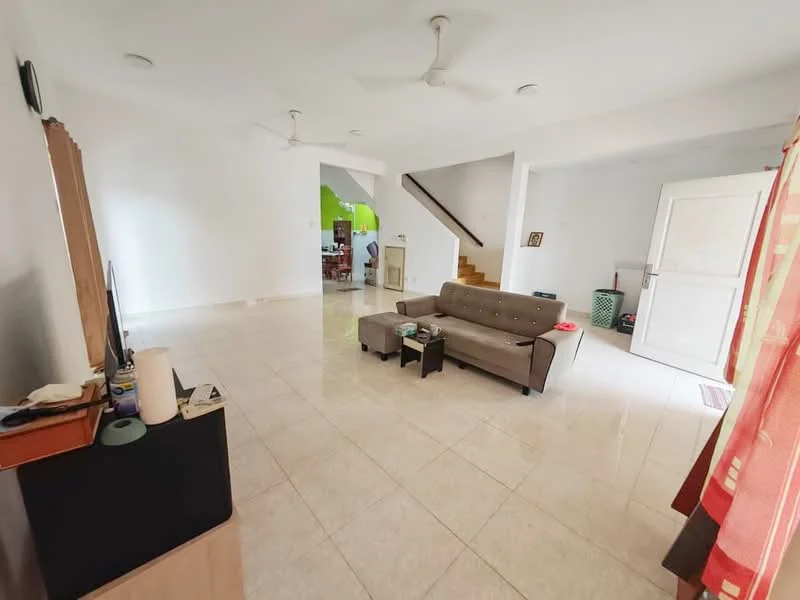 Living features: white painted walls, glossy tile flooring, 2 ceiling fans, sofa with tufted design in grey, coffee table, TV console, area rug, large sliding door, curtains in red and cream, staircase in background; style: modern.