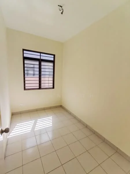 Room features: cream painted walls, tile flooring, single window with horizontal slats, natural light from window, no visible furniture, ceiling light fixture.
