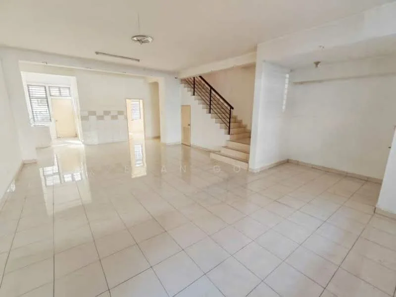 Room features: white painted walls, glossy ceramic tile flooring, staircase with wooden railing, large windows for natural light, high ceiling, open layout, neutral color scheme, no visible furniture; style: modern.