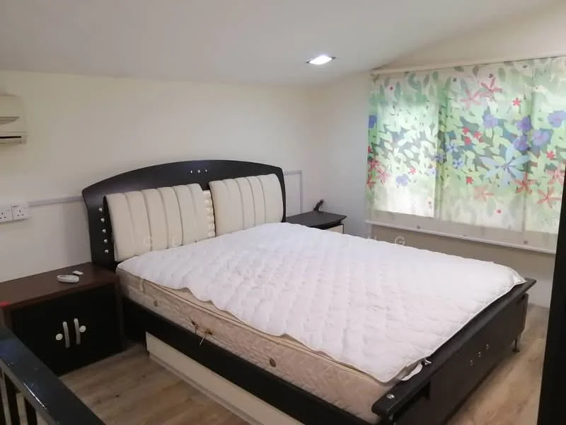 Bedroom features: queen-size bed with upholstered headboard, white quilted bedspread, nightstand with drawer, wall-mounted air conditioning unit, floor-to-ceiling window with floral-patterned sheer curtains, wooden flooring, recessed downlights, light-colored walls; style: modern.