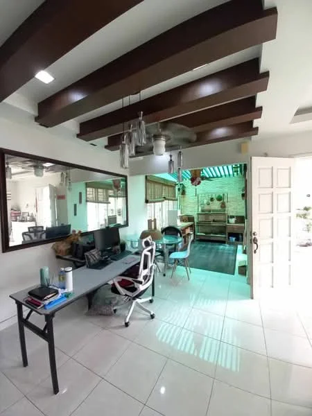 Study features: white painted walls, polished tile flooring, exposed wooden beams on ceiling, 5-blade ceiling fan with light, large mirror on wall, desk with computer setup, white ergonomic office chair, dining table with chairs, open shelving unit, natural light from windows, decorative plants; style: modern; view: garden.