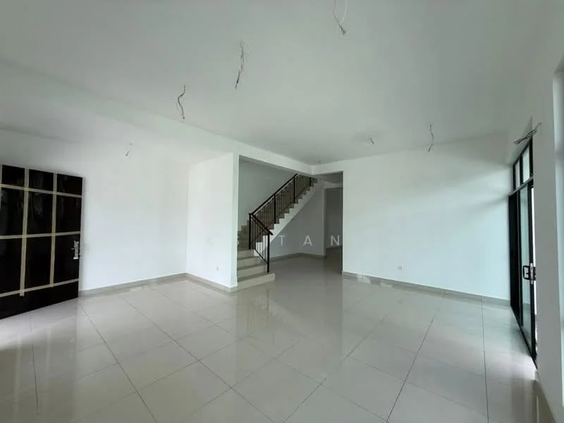 Room features: white painted walls, polished ceramic tile flooring, staircase with metal railing, large windows, no visible furniture, high ceiling, recessed lighting, open layout; style: modern.