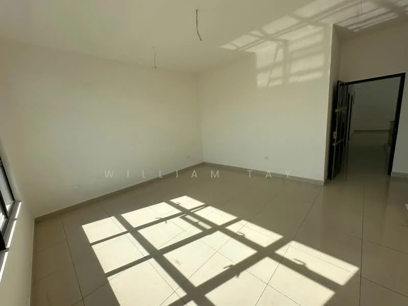 Room features: white painted walls, tile flooring, large windows, natural light, no visible furniture, high ceiling, minimal decor, shadow patterns on floor; style: minimalist.