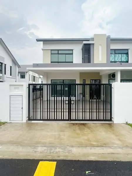 Exterior type: semi-detached house; features: black metal gate, white painted facade, large windows, concrete driveway, flat roof, two-storey structure, front porch area, manicured lawn, modern architectural design; style: modern.