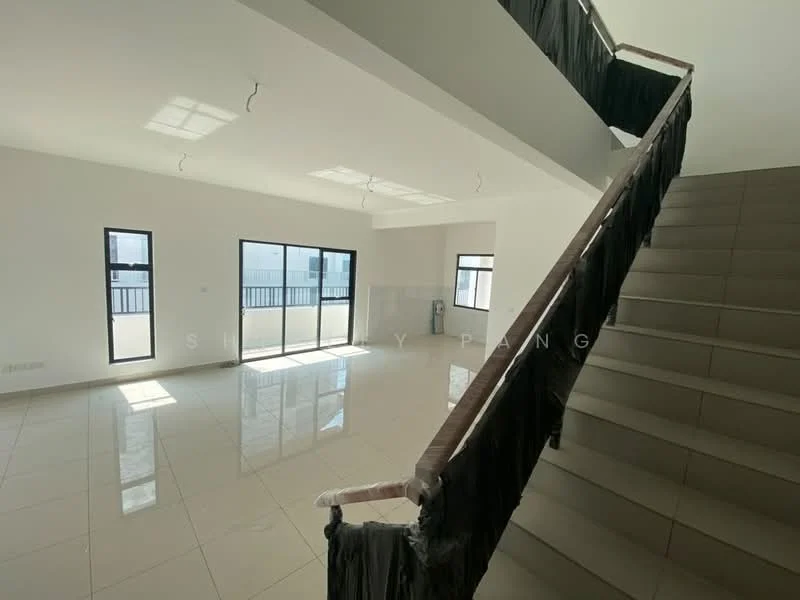 Room features: white painted walls, glossy ceramic tile flooring, large windows, natural light streaming in, staircase with handrail, open space layout, high ceiling, recessed ceiling lights; style: modern.