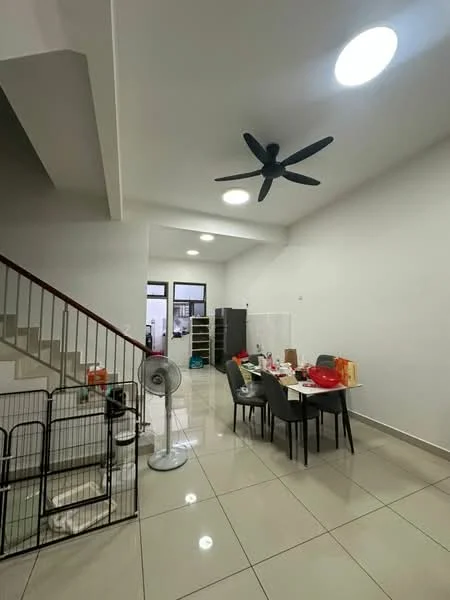 Dining features: white painted walls, glossy ceramic tile flooring, 5-blade ceiling fan with light, round dining table, 4 upholstered dining chairs, decorative wall-mounted shelves, open staircase, natural light from ceiling lights; style: modern. Room features: white painted walls, glossy ceramic tile flooring, open staircase, natural light from ceiling lights.
