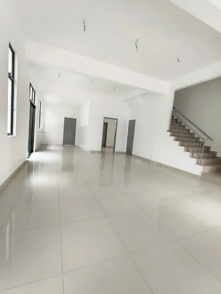 Room features: white painted walls, polished ceramic tile flooring, high ceiling, large windows, staircase, open layout, neutral color scheme, no visible furniture; style: modern.