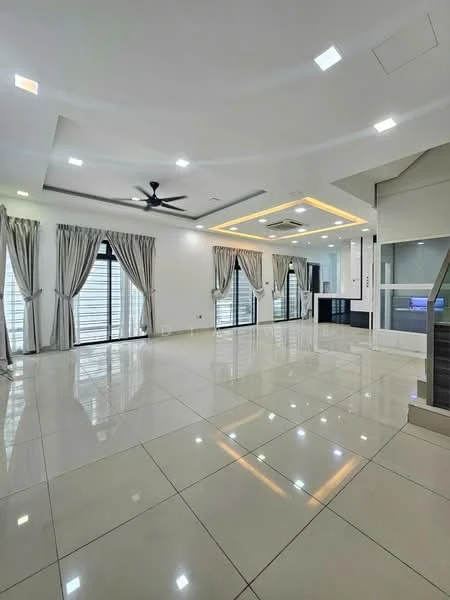 Living features: white painted walls, polished ceramic tile flooring, tray ceiling with recessed lighting, 5-blade ceiling fan with light, floor-to-ceiling windows, sheer curtains, blackout curtains, LED strip lighting, open layout, air conditioning unit, decorative wall paneling; style: modern.