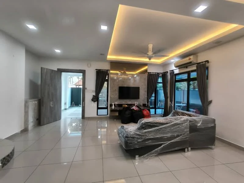 Living features: grey leather sofa, coffee table, wall-mounted TV, recessed LED downlights, ceiling fan, white painted walls, glossy tile flooring, large windows with sheer curtains, decorative wall panel, open layout to outdoor area; style: modern; view: garden.