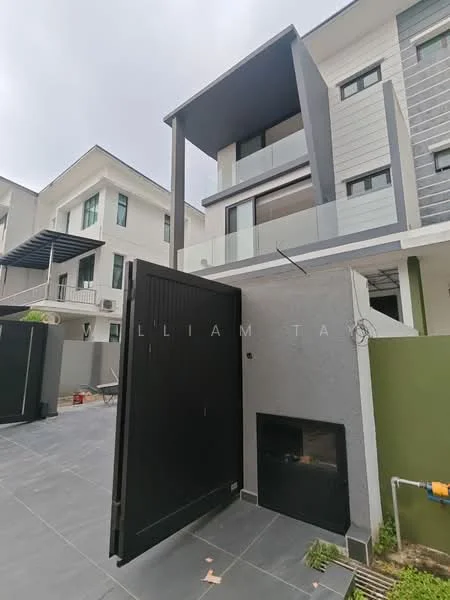 Exterior type: linked terrace house; features: grey painted facade, glass balcony railing, flat roof, two-storey structure, manicured lawn, paved driveway, black gate, outdoor fireplace, modern architectural design; style: modern.