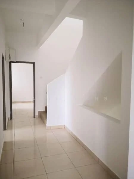 Room features: white painted walls, tile flooring, staircase, recessed ceiling, doorway, window, light fixture, niche wall shelf; style: modern.