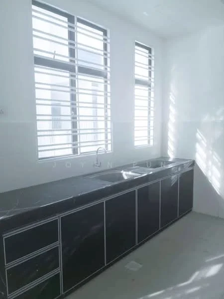 Kitchen features: black marble countertop, black cabinetry, double-bowl stainless-steel sink, chrome pull-down faucet, white tiled walls, light-colored flooring, sliding windows, window treatments, natural light from windows; style: modern.