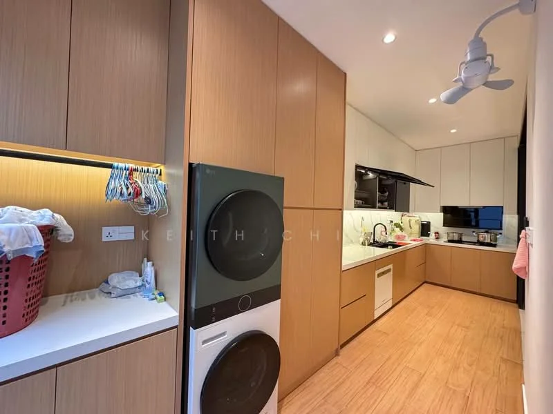 Kitchen features: light wood cabinetry, white countertops, built-in oven, stainless-steel sink, chrome pull-down faucet, refrigerator, washer-dryer combo, wall-mounted kitchen cabinets, ceramic tile flooring, recessed downlights, ceiling fan, open shelving, laundry basket; style: modern.