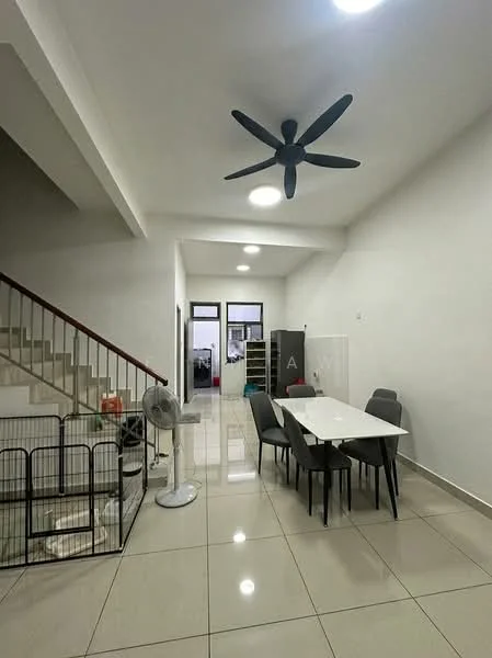 Dining features: white painted walls, glossy ceramic tile flooring, 5-blade ceiling fan with light, dining table with white surface, 4 grey upholstered dining chairs, open space layout, staircase with wooden railing, floor-to-ceiling windows, air conditioning unit, decorative wall-mounted shelving; style: modern.