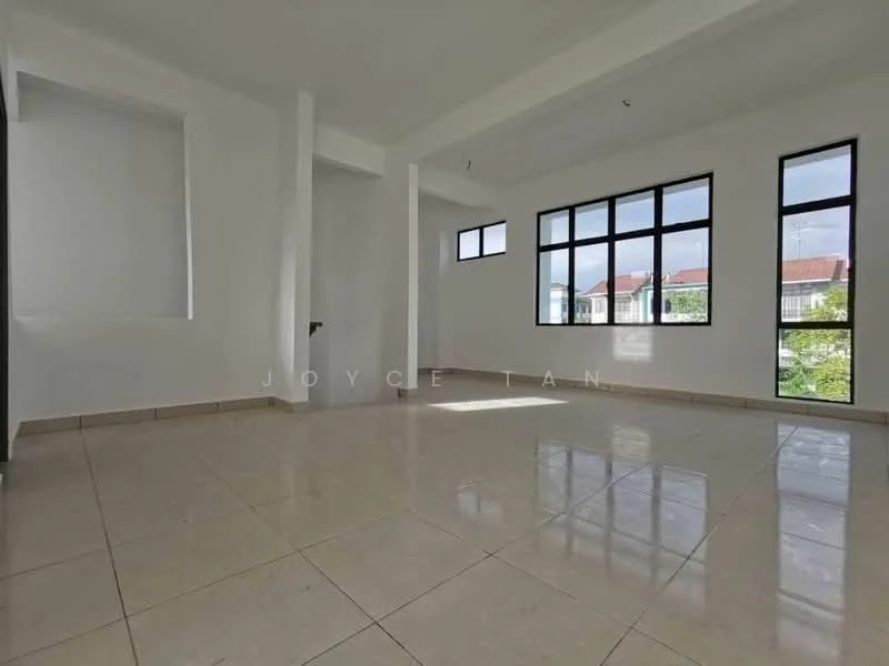 Room features: white painted walls, tile flooring, large windows, natural light, high ceiling, corner window, neutral color scheme, open layout; style: modern; view: garden.