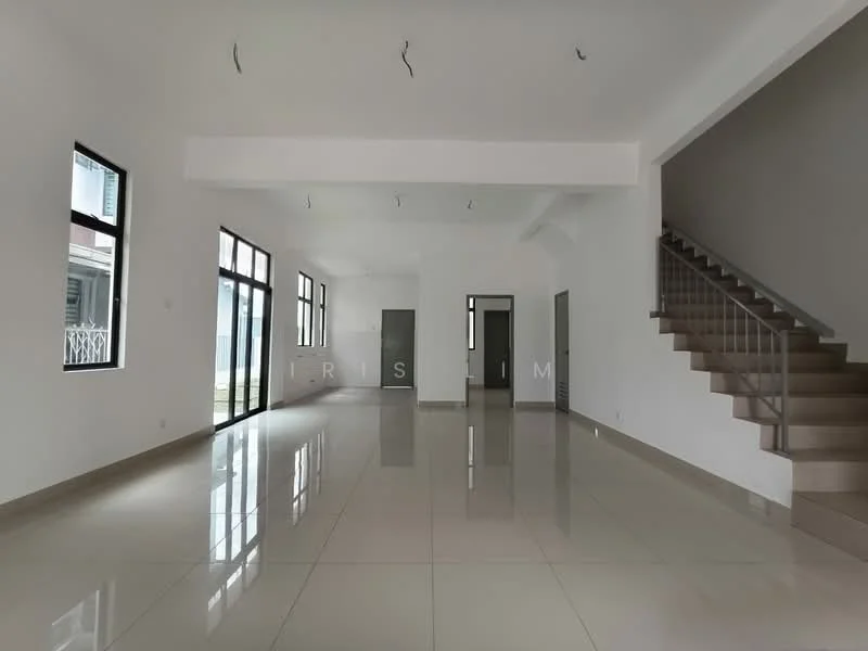 Room features: white painted walls, polished ceramic tile flooring, large floor-to-ceiling windows, double sliding glass doors, staircase with metal railing, high ceiling, recessed downlights, open layout; style: modern; view: garden.
