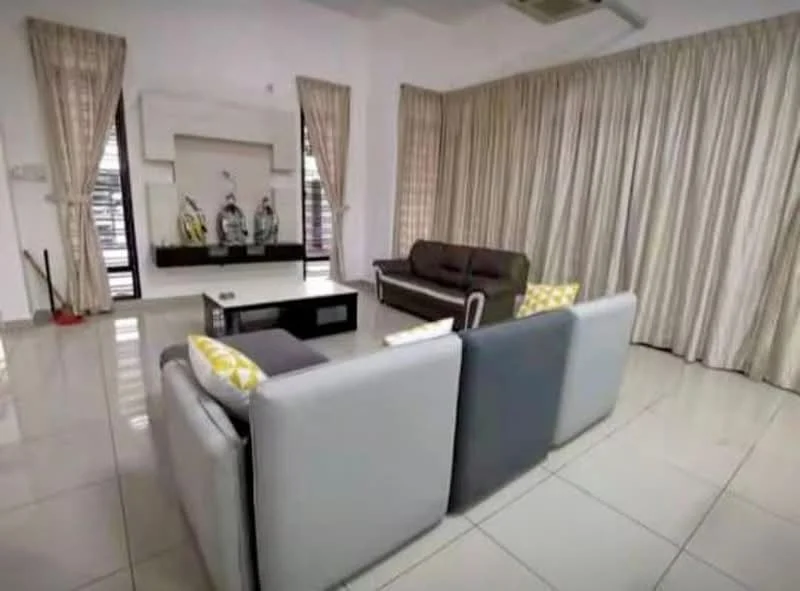Living features: grey leather sofa, black leather sofa, coffee table, TV console, wall-mounted TV, floor-to-ceiling windows, sheer curtains, cream painted walls, tile flooring, recessed downlights, air conditioning unit, decorative vases on console; style: modern.