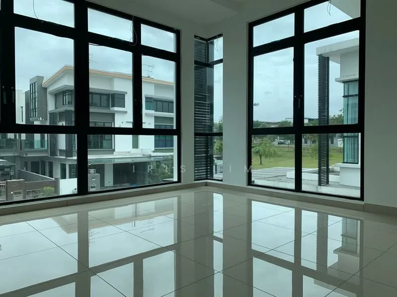 Room features: large floor-to-ceiling windows, white walls, glossy tile flooring, neutral color scheme, open layout, natural light, view of exterior buildings, view of landscaped area; style: modern; view: garden.