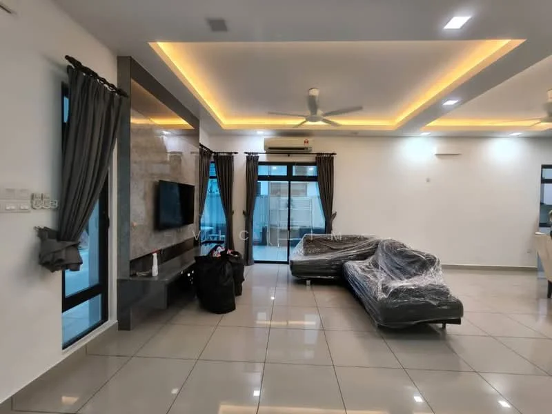 Living features: grey leather sofa wrapped in plastic, black leather sofa wrapped in plastic, marble accent wall, recessed LED downlights, ceiling fan, large windows with sheer curtains, glossy tile flooring, neutral painted walls, open layout, dining area visible in background; style: modern.