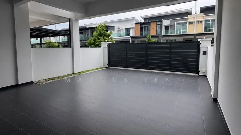 Exterior type: linked terrace house; features: black metal gate, grey tiled flooring, white painted walls, landscaped area with gravel, surrounding greenery, covered car porch, modern architectural design; style: modern.