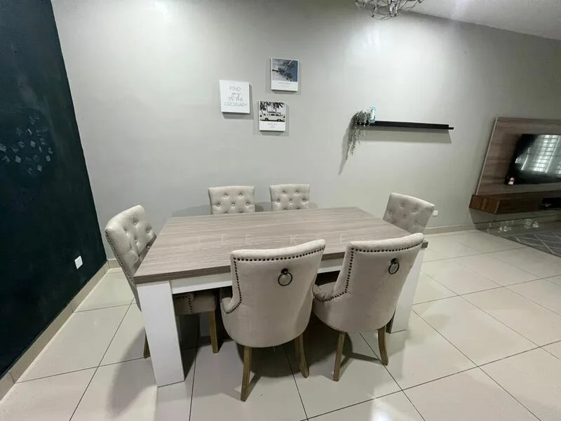 Dining features: rectangular dining table with light wood top, 6 upholstered dining chairs in cream with button tufting, white base for dining table, cream tiled flooring, grey accent wall, decorative wall shelf, framed artwork on wall, chandelier lighting; style: modern.