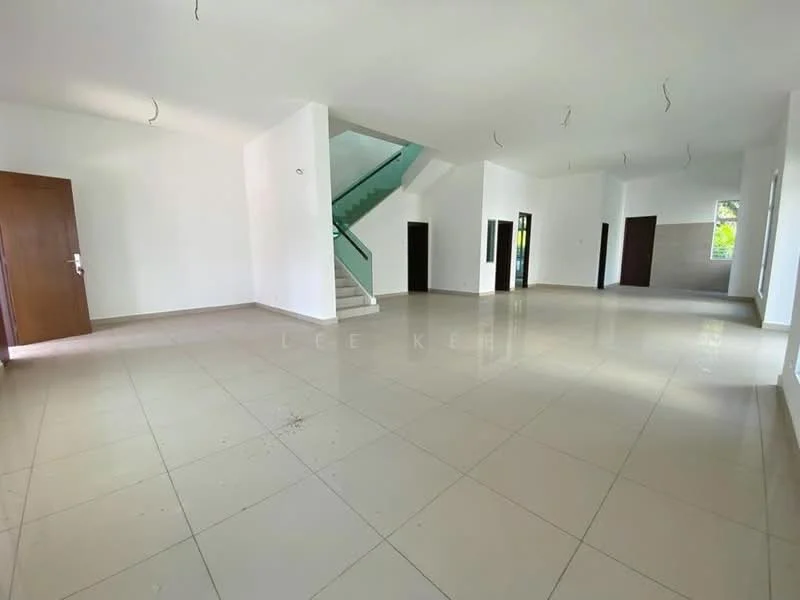 Room features: white painted walls, tile flooring, staircase with glass railing, multiple windows for natural light, high ceiling, open layout, no visible furniture, neutral color scheme; style: modern.